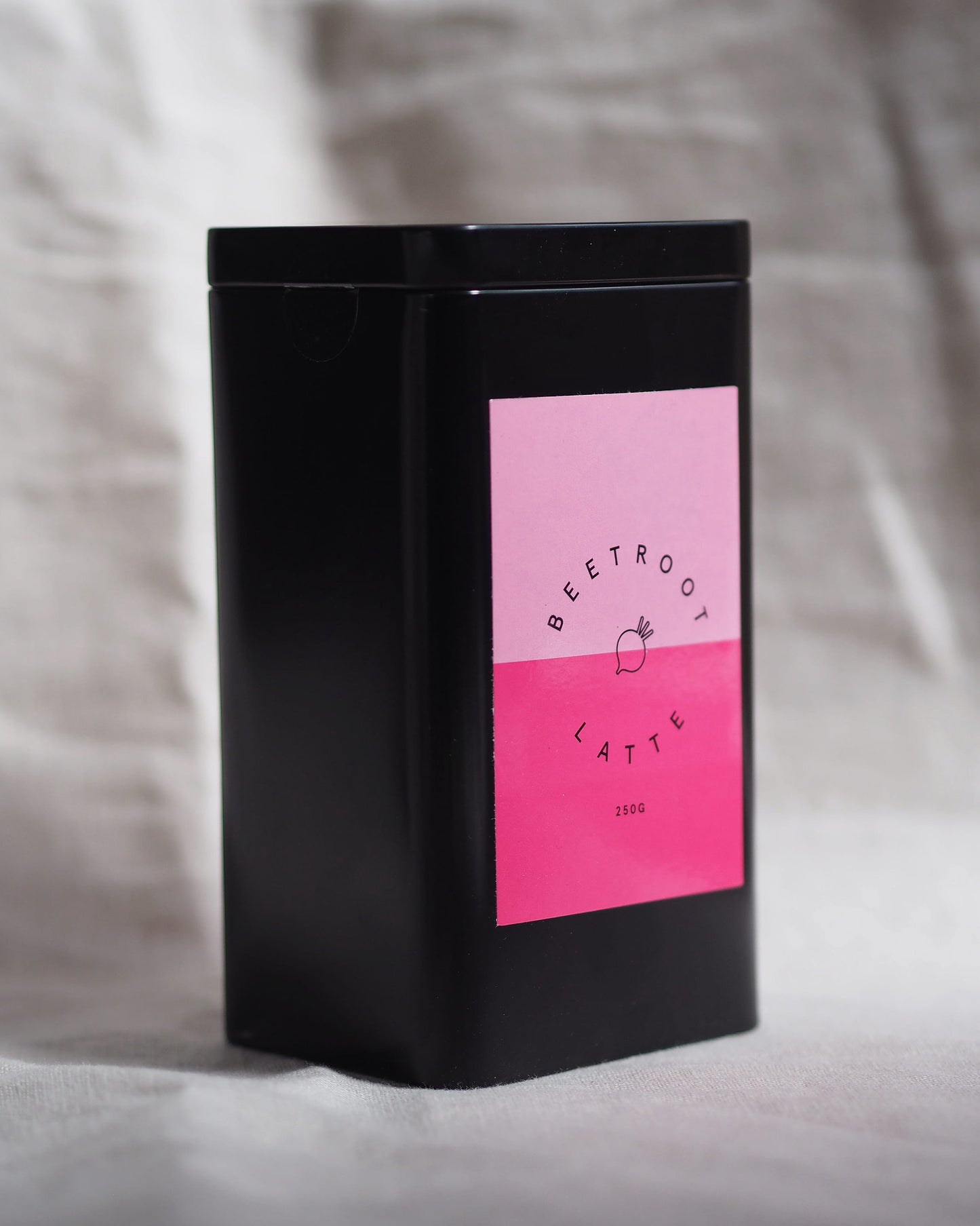 beetroot latte powder in retail tin