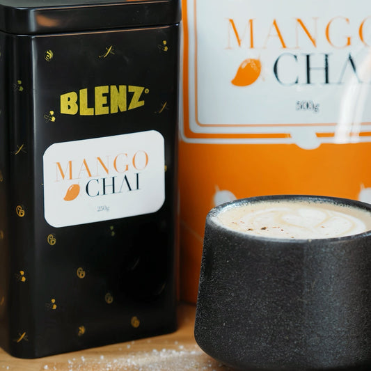 mango chai powder latte with packaging