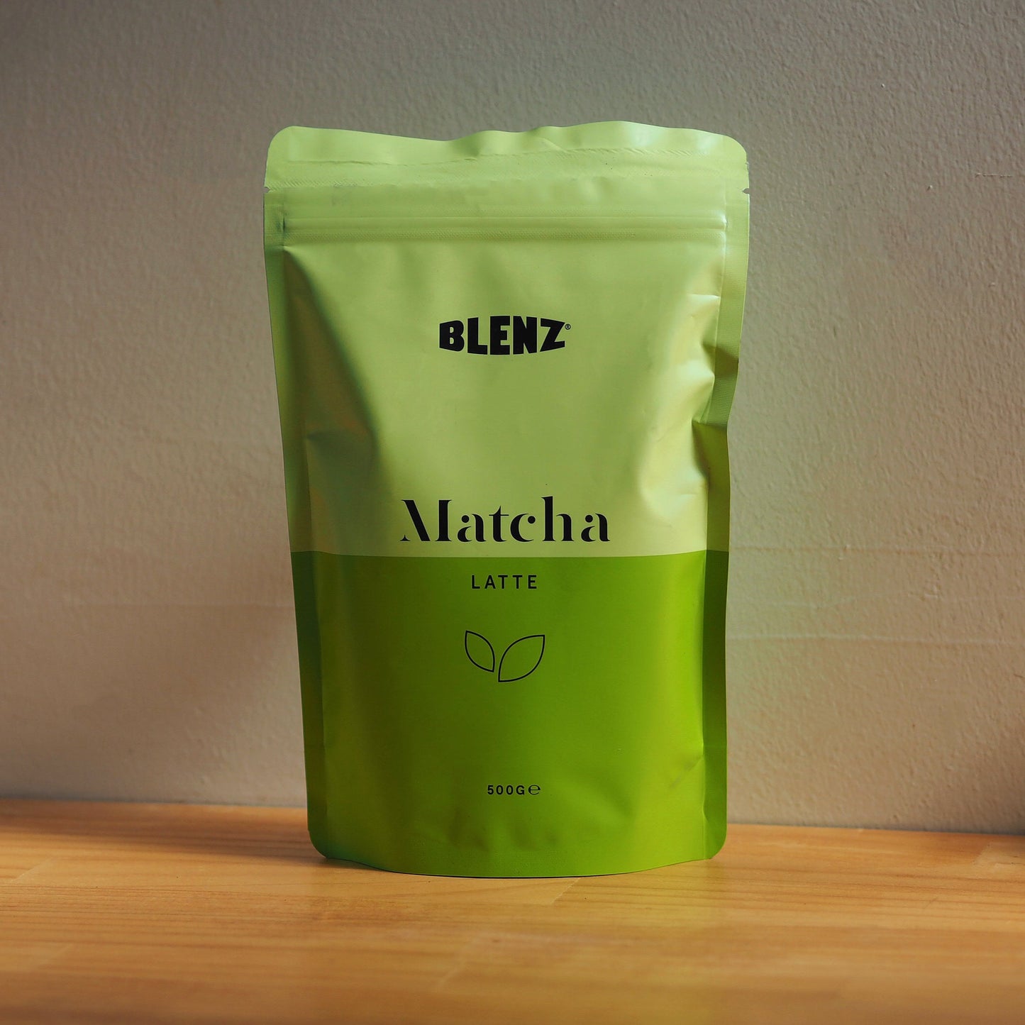Blenz matcha powder latte 500g bag on kitchen bench