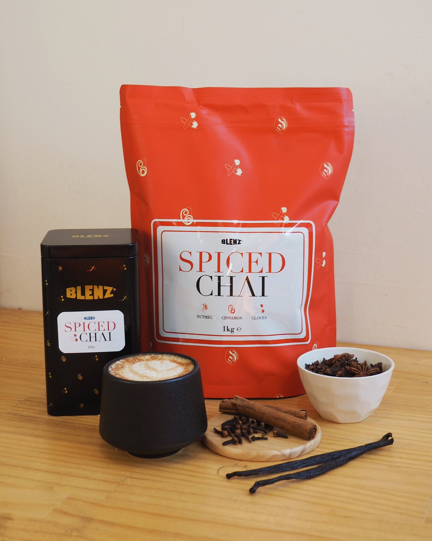 Blenz Spiced Chai powder range and a hot chai latte with cinnamon and nutmeg