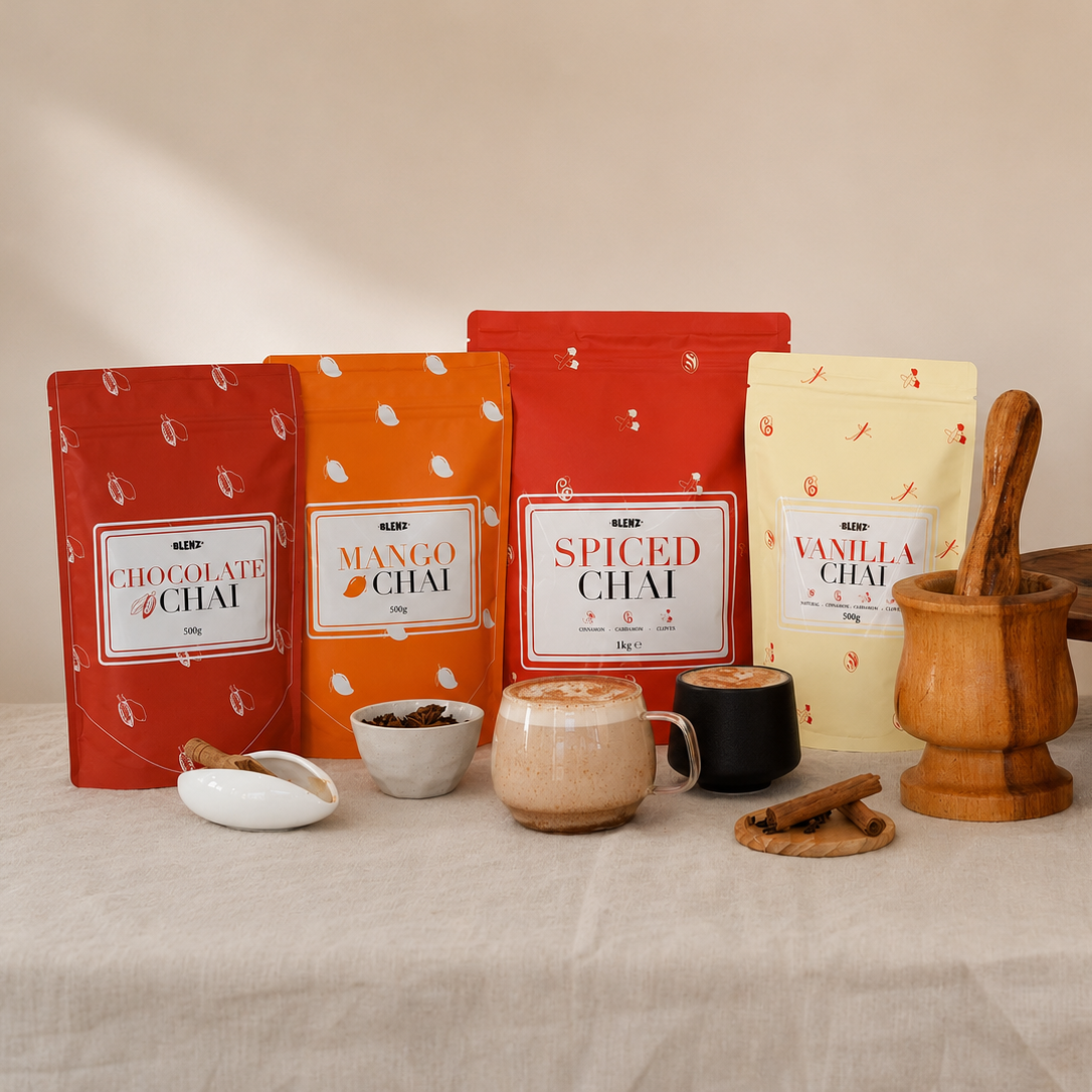 Blenz Spiced Chai powder range and a hot chai latte with cinnamon and nutmeg 