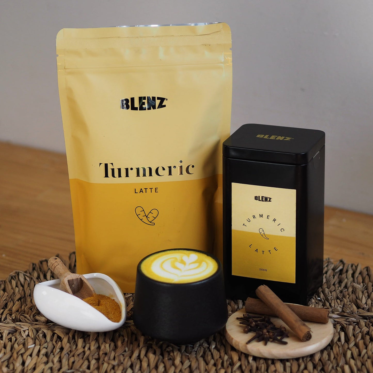 Blenz Turmeric Latte powder in 500g Bag with latte art and 250g tin